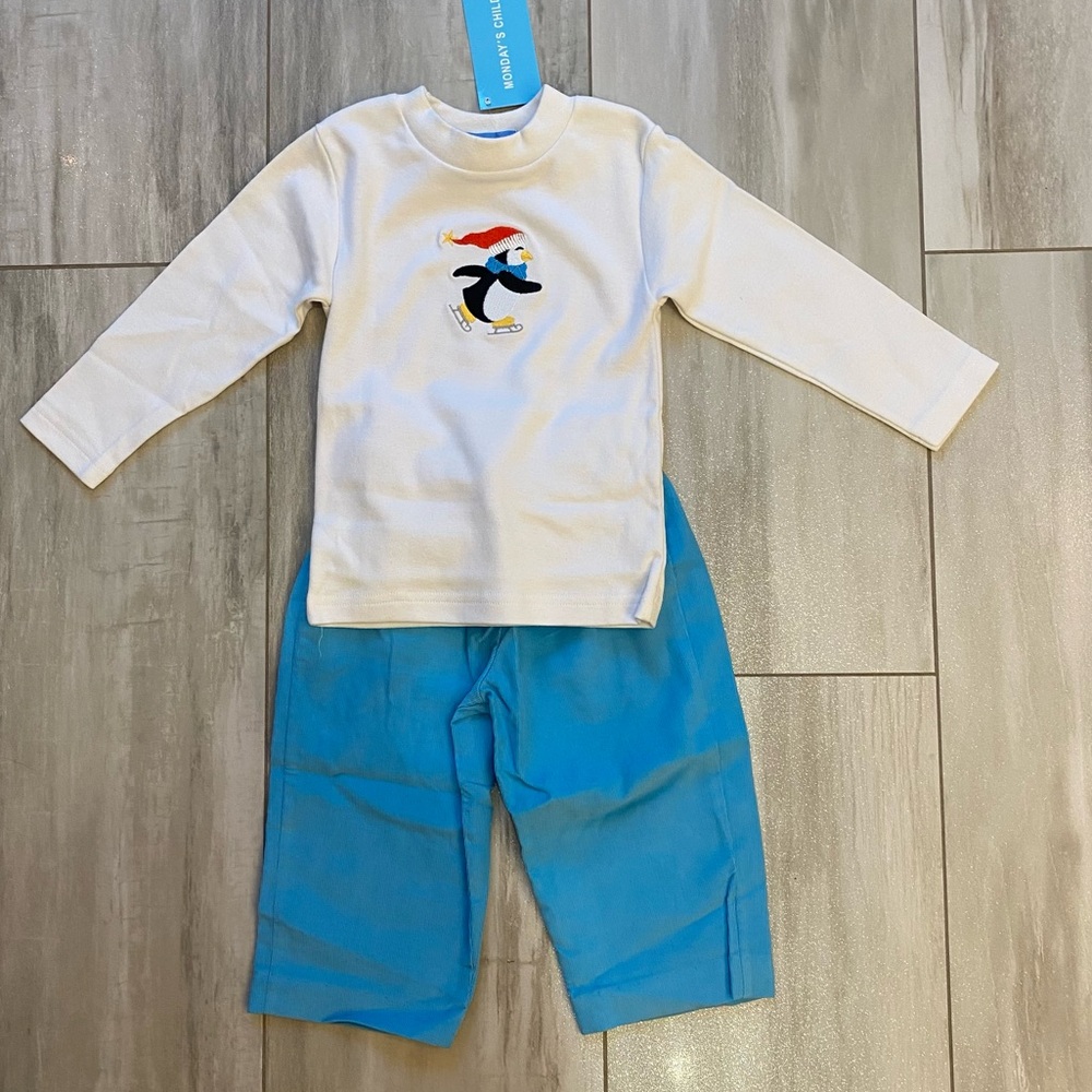 NWT Monday’s Child Penguin Appliqué Long Sleeve Shirt & Blue Corduroy Pants Set
